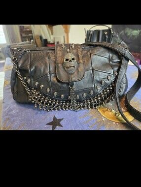 Hand Made Black Studded Skull Accent Shoulder Bag